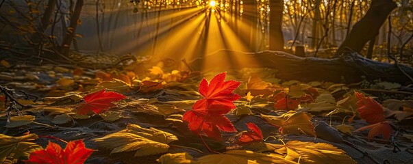 Poster - Golden sunlight filters through trees, illuminating red autumn leaves on a forest floor, creating a tranquil and mesmerizing scene.
