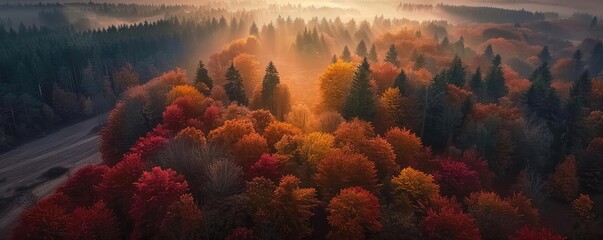 Wall Mural - A stunning aerial view of a forest in autumn with vibrant red, orange, and yellow foliage, bathed in the soft glow of sunrise.