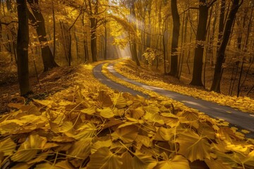 Poster - A picturesque autumn forest scene with a winding road covered in vibrant golden leaves, bathed in warm sunlight filtering through tall trees.