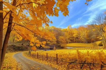 Poster - Scenic autumn landscape with golden leaves, country road, and farmhouse in the background under blue sky.
