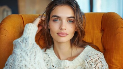 Wall Mural - Young individual with striking green eyes seated in a vibrant orange armchair, symbolizing leisure and comfort