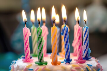 Wall Mural - Lit birthday candles on a cake with colorful frosting and decorations.