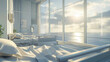 © VK Studio - Empty hospital room with two beds facing large windows overlooking the sea, filled with morning sunlight, serene and clean.