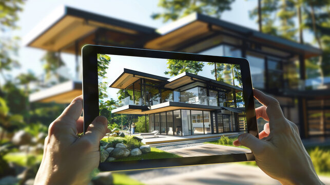 A modern, glass-fronted house beautifully framed by hands holding a tablet, blending the virtual and real architecture harmoniously.