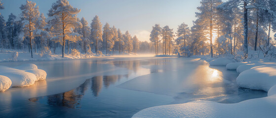 Wall Mural - A quiet winter park has a frozen pond surrounded by snow-covered trees. The sky is a soft blue, and sunlight creates a sparkling effect on the ice. Image generated by AI