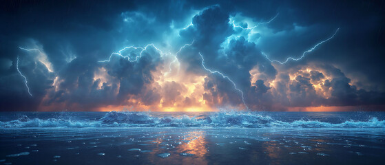 Wall Mural - An amazing ocean with dark storm clouds forming on the horizon and waves crashing against the shore. The water is a deep blue. This image was generated by AI
