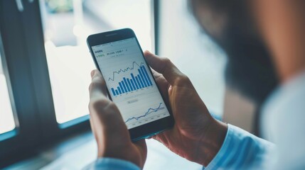 Poster - A businessman examining a line graph on a smartphone, tracking investment portfolio performance and market trends.