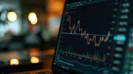 Aufkleber - A close-up of a laptop screen displaying a stock market graph with fluctuating prices and trading volumes.