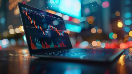 Aufkleber - A close-up of a laptop screen displaying a stock market graph with fluctuating prices and trading volumes.