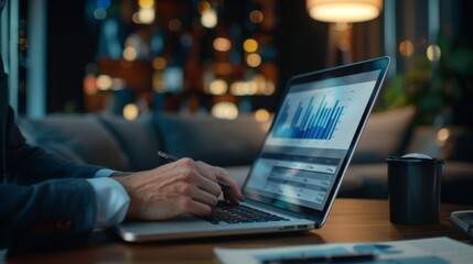 Poster - A corporate executive studying quarterly financial results with profit margin graphs and expense breakdowns on a laptop.