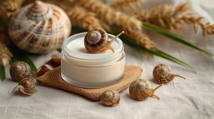 A beauty cream container adorned with natural snails among wheat stalks, symbolizing organic skincare and bio-cosmetics