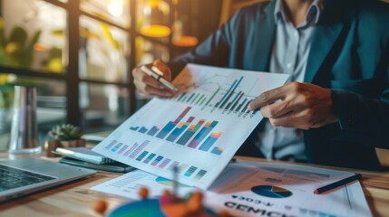 Poster - A financial analyst explaining market trends with line graphs and economic indicators during a corporate strategy meeting.