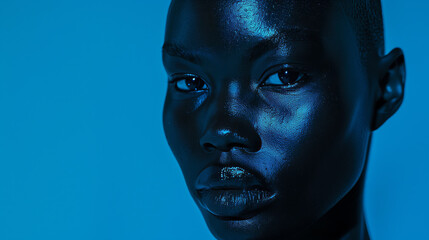 Canvas Print - Close-up of a fashionable black woman with glowing skin, illuminated by dramatic blue lighting, showcasing her confident and striking expression.