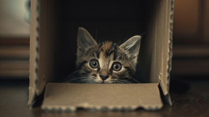 A kitten poking its head out from a small cardboard box, with its ears perked up in curiosity.