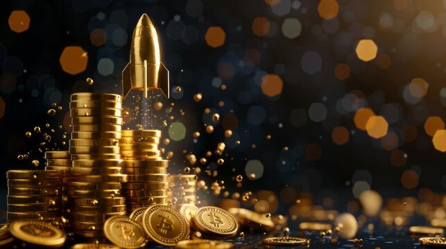 Gold stack and flying coins with rocket performance for price increase and bull market concept, wide banner with copy space