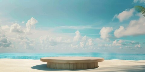 Wall Mural - Empty wooden podium on the beach with blue sky and ocean background.