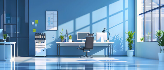 Wall Mural - This serene blue office space is filled with natural light streaming through the windows.