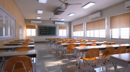Wall Mural - Background image of empty classroom with table, chairs and blackboard. Educational setting photography. Academic and learning space concept. Design for educational supplies, school brochures. AIGT2.