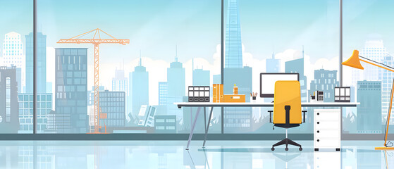 Poster - Modern office with panoramic city view and construction site.