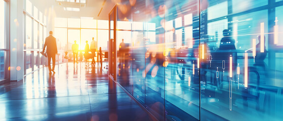 Poster - Modern office interior with silhouettes of businesspeople and digital financial charts.