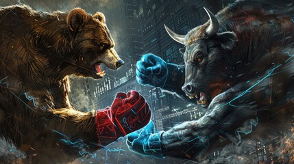 Poster - A bear with red gloves clashing with a bull in blue gloves, set against a dynamic business stock graph.