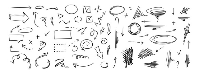 Doodle design elements and arrows. Elements for infographics. Hand drawn vector set of icons, frames, borders, arrows in isolated on white background.