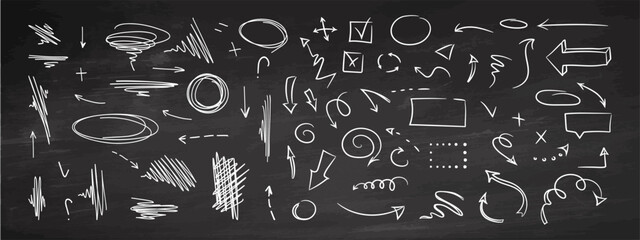 Doodle design elements and arrows. Elements for infographics. Hand drawn vector set of icons, frames, borders, arrows in isolated on chalkboard background.