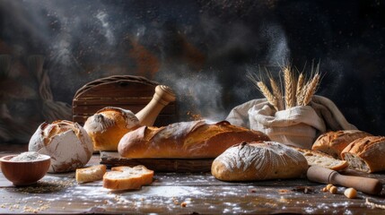 Wall Mural - A rustic display of freshly baked bread loaves, baguettes, and rolls on a wooden table with flour scattered around.