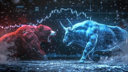 Canvas Print - A powerful bear in red fighting a resilient bull in blue, set against a backdrop of a stock market graph