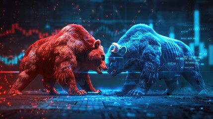 Wall Mural - A powerful bear in red fighting a resilient bull in blue, set against a backdrop of a stock market graph