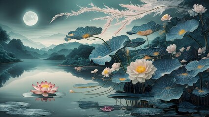 night mountain and flower japan art style