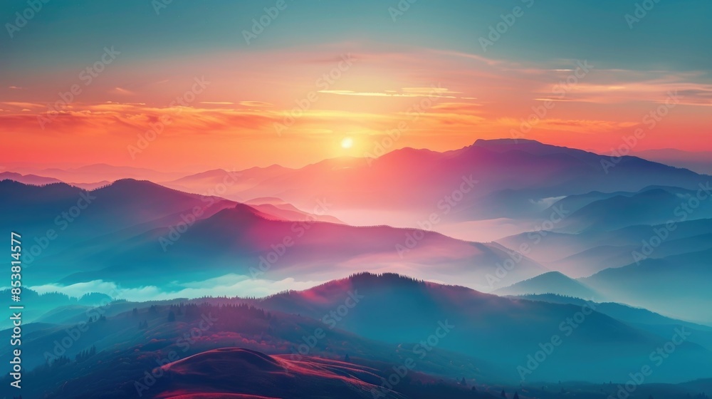 Serene mountain landscape at vibrant sunrise with misty valleys and ...