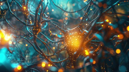 Poster - conceptual image of neural networks and artificial intelligence with glowing elements and abstract d