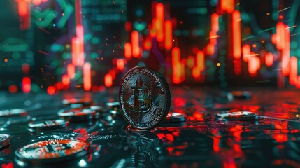 Poster - Bitcoin coins glowing in front of an upward-trending stock market chart, symbolizing a surge in cryptocurrency