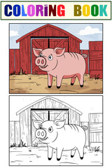 Wall Mural - Set color and coloring book example. Barn in an agricultural yard with a pig. Generative ai vector.