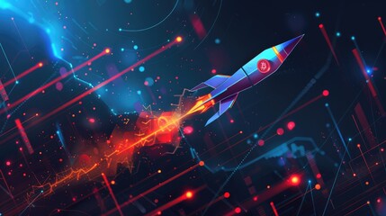 Poster - Bitcoin graph with a rocket and increasing trend lines, highlighting the cryptocurrency's market surge. AI generative illustration