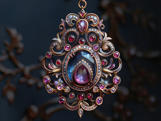 Luxurious jeweled amulet with ornate details on a dark background