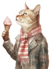 Poster - PNG  Cat eating ice cream watercolor carnivora standing portrait.