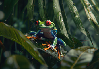 Canvas Print - A vibrant red-eyed tree frog perched on the mossy leaves of a rainforest, its colorful hues standing out against the lush greenery, focusing on its face.