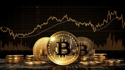 Poster - Golden Bitcoin coins against a backdrop of a bull market graph, emphasizing the strong upward trend