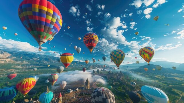 Captivating aerial view of a colorful air balloon festival with numerous vibrant balloons drifting and soaring in the clear blue sky creating a magical and joyful outdoor adventure experience