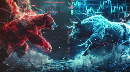 Poster - Intense fight between a bear in red guards and a bull in blue guards with a business stock graph in the backdrop.