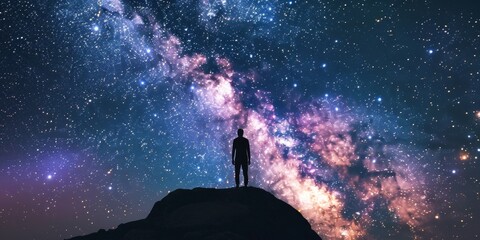 the image shows a man standing on a hilltop, looking up at the starry night sky