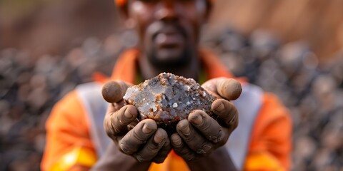 A miner holding a cobalt deposit. Concept Mining, Cobalt, Mineral Resources, Hard Work, Industrial Sector