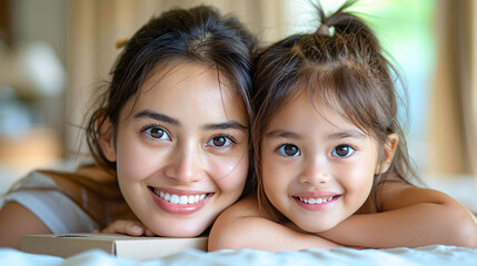 Mother and daughter with radiant smiles enjoying a moment together