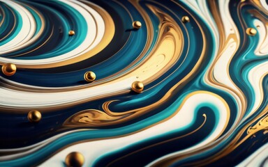 A stunning abstract fluid art painting with blue, white, and gold tones,