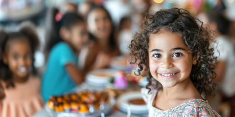 Wall Mural - Smiling girl at a festive party with other kids.