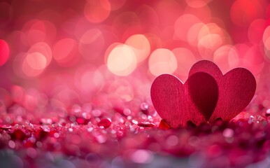 Two red hearts on a pink background with bokeh lights, concept of love or Valentine's Day