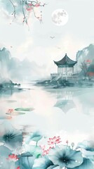 Wall Mural - Light color background Most of the blank background, the moon is hanging high in the sky, the lake style of Chinese architecture, lotus and lotus leaves floating on the water, simple ink painting with