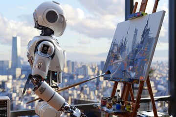 Using artificial intelligence, a robot paints artwork like a human artist, and a bot does digital 3D illustration or matte painting.